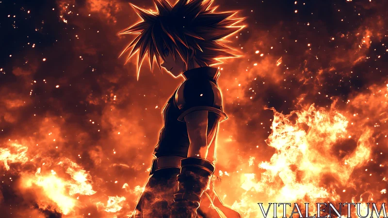 Fiery anime warrior in glowing silhouette amid blazing inferno.
