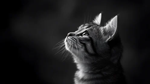 Black and white portrait of domestic cat looking upward
