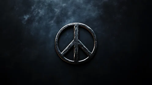 Metallic peace symbol on dark textured background surface.