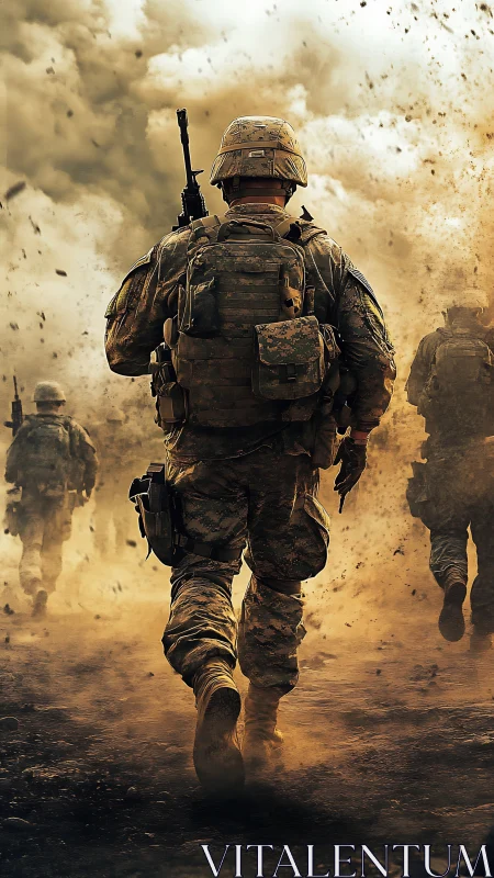 Backlit infantry squad advances through dense battlefield dust