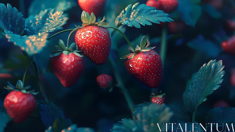 Ripe strawberries on plants under cool dewy lighting.