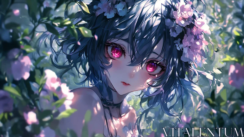 Enchanted anime girl gazes through luminous garden blooms