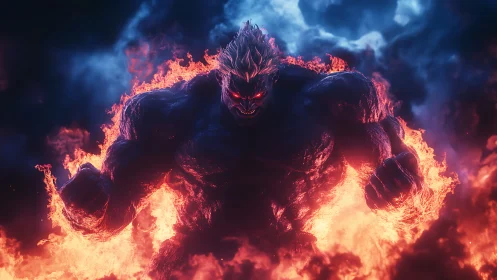 Inferno titan strides from stormclouds with molten fury.