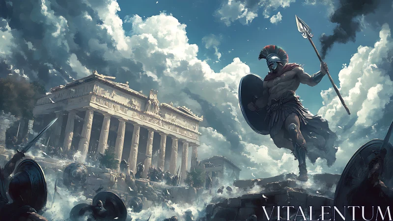 Armored Greek warrior defends ruined temple under storm clouds