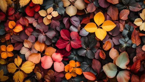 Colorful autumn leaves arranged in dense overlapping pattern.