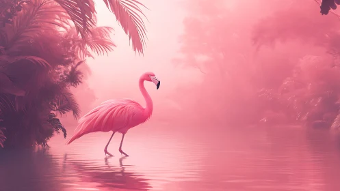 Graceful flamingo steps through a misty neon pink lagoon