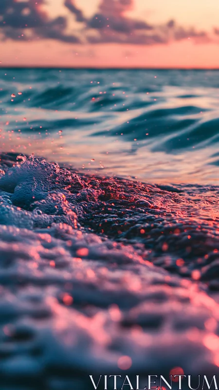 Sunlit ocean waves with close-up foam and droplets.