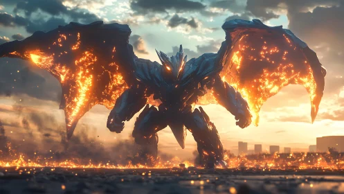 Molten winged mech titan storms blazing urban horizon.