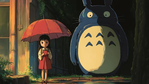 Girl with red umbrella beside large forest creature.