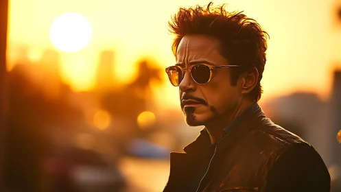 Sunset-striding loner slices through molten city light