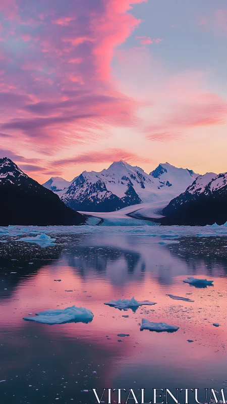 Glacial fjord reflects vivid pink twilight clouds and peaks