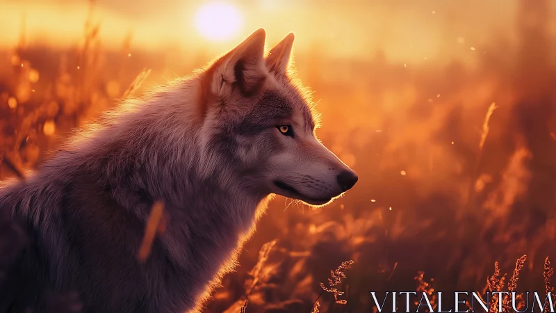 Sunfire sentinel wolf bathing in ember-kissed meadow glow.