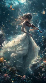Enchanted violinist drifting through luminous dreamscape.