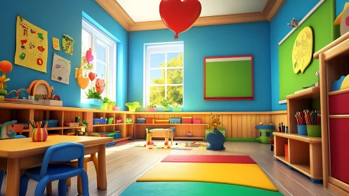 Colorful preschool classroom interior with play areas.