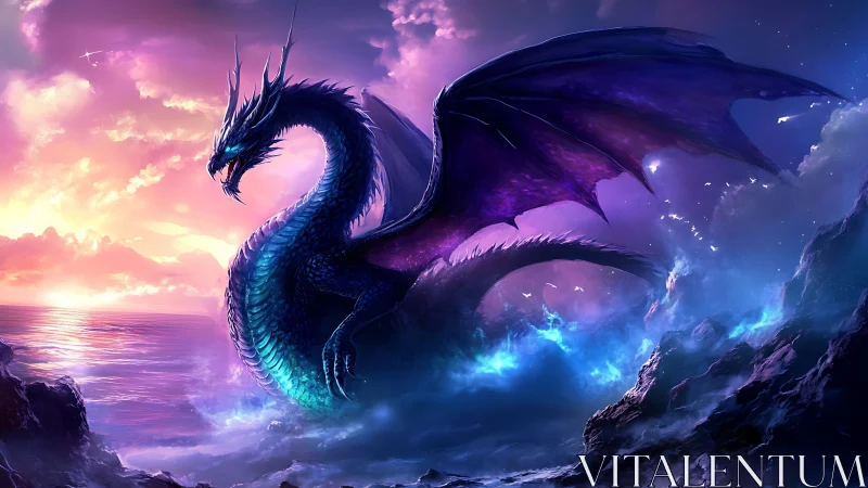 Majestic sea dragon greets a glowing fantasy sunset sky
