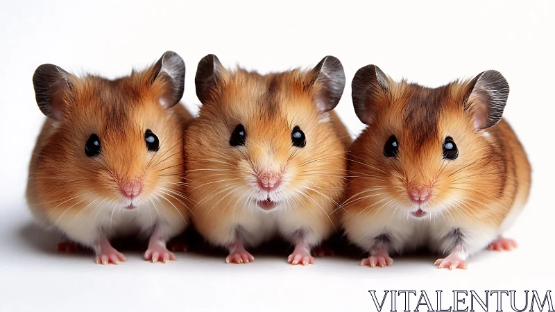 Three brown hamsters aligned against plain white background.