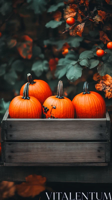 Rustic crate of autumn pumpkins in moody garden setting.