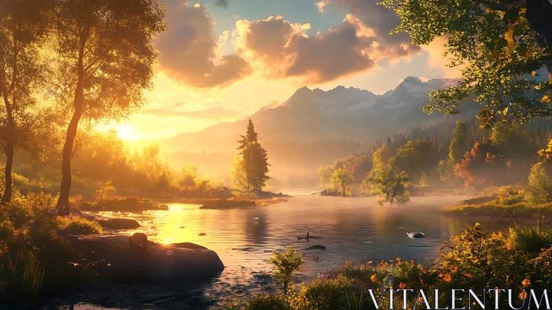 Golden hour river valley beneath distant alpine peaks.