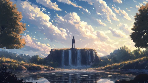 Solitary figure watches sunset sky above tranquil waterfall.