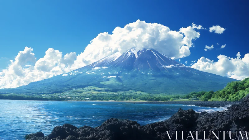 Sunlit mountain and tranquil sea wrapped in bright clouds.