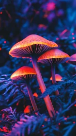 Neon forest mushrooms hold a midnight council of quiet light