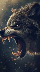 Snarling wolf head exposes fangs in dramatic closeup profile