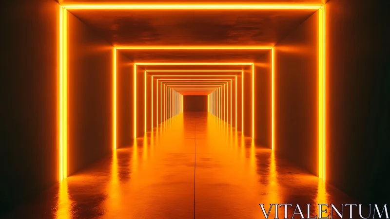 Rectangular tunnel contains repeated orange neon light frames