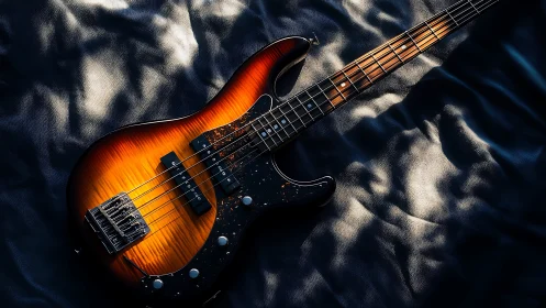 Sunburst electric bass guitar on textured dark fabric.