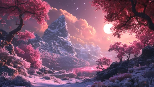Mountain lake under pink foliage and luminous full moon.