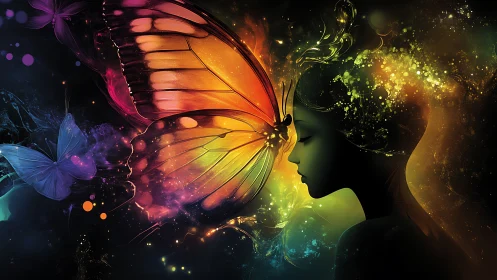 Luminous butterfly merges with silhouetted spirit profile