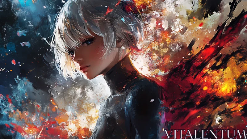 White haired anime figure against abstract fiery backdrop.