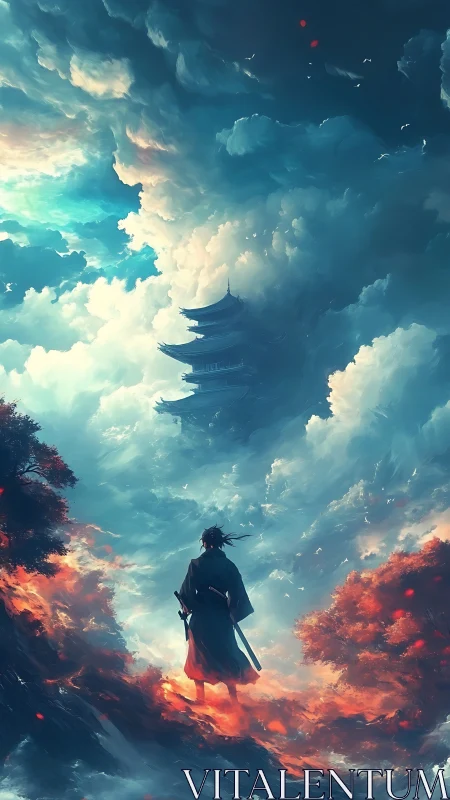 Lone samurai walking through fire toward distant sky temple.