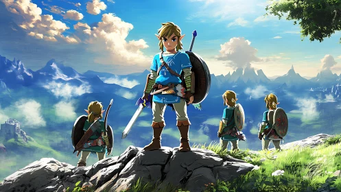 Heroic adventurer surveying a sunlit fantasy kingdom.