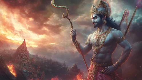 Mythic warrior deity over burning temple city under storm sky