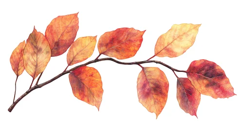 Autumn Branch with Orange Leaves in Realistic Watercolor Style.