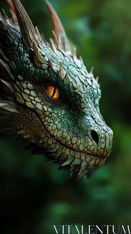Regal emerald dragon gazes softly through the forest hush