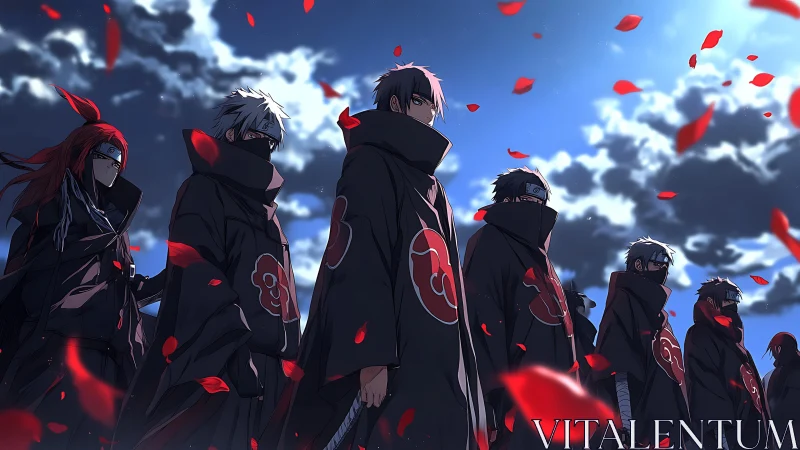 Masked cloaked warriors stand under dark sky with petals