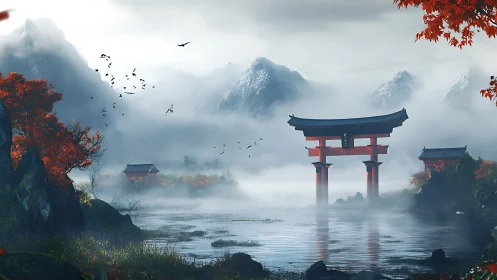 Mist-diffused mountain lake with vermilion torii gate architecture.