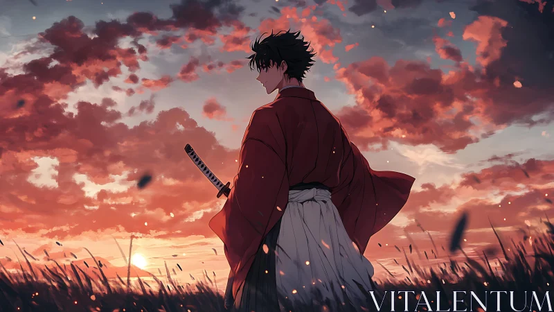 Lone young samurai welcomes the quiet glow of sunset fields