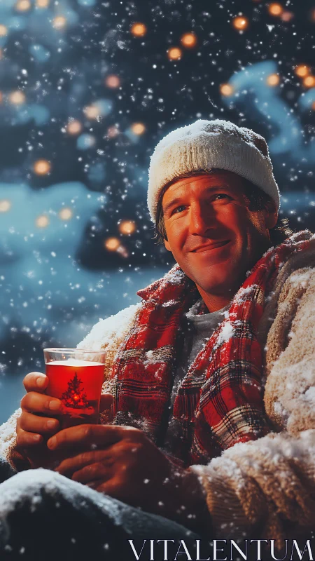 Man in winter clothing holding red drink in falling snow.