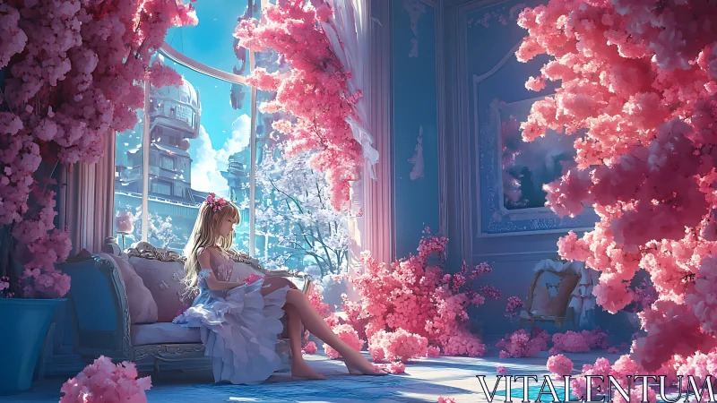 Floral-lit girl in neoclassical room with cherry blossoms.