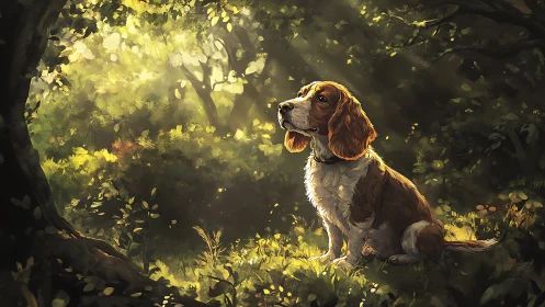 Beagle calmly rests in sunlit forest glade, bathed in gold.