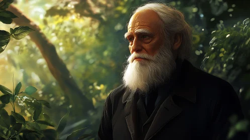 Elderly bearded man rendered in luminous forest chiaroscuro