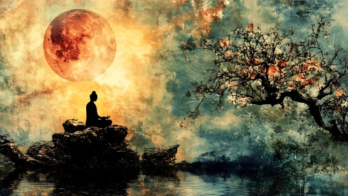 Lunar stillness cradles a meditating figure by fiery tree