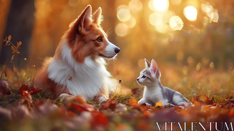 Golden hour woodland moment with corgi and kitten gaze.