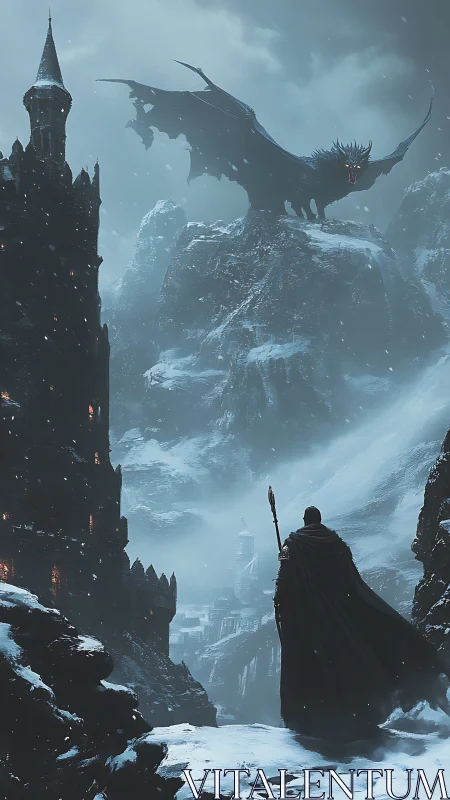 Dark fantasy citadel with dragon confrontation in snowfall.