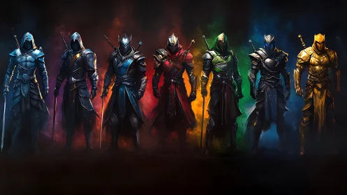 Seven armored warriors stand aligned against colored smoke