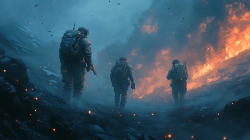 Tactical squad advancing through volcanic firestorm haze.