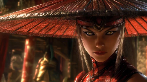 Fierce warrior in a red hat meets your gaze with calm fire.