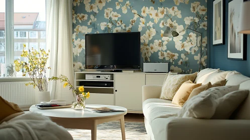 Floral wallpaper living room with TV console and sofa.